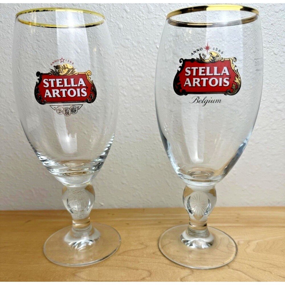 Vintage Stella Artois Belgium Beer Goblet Glasses Qty. 2 Gold Rim Chalices 40cl